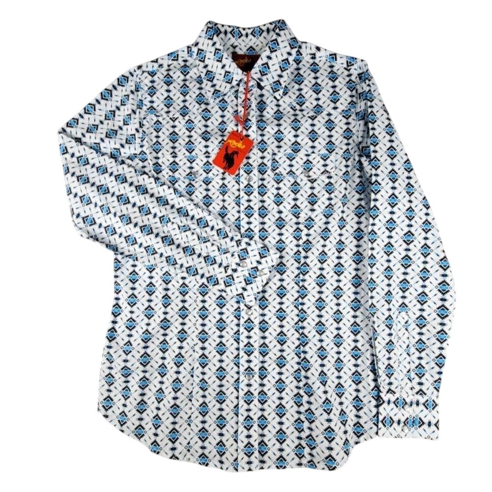 Rodeo Clothing Co Shirt Small White Blue Geometric Long Sleeve Snap Western